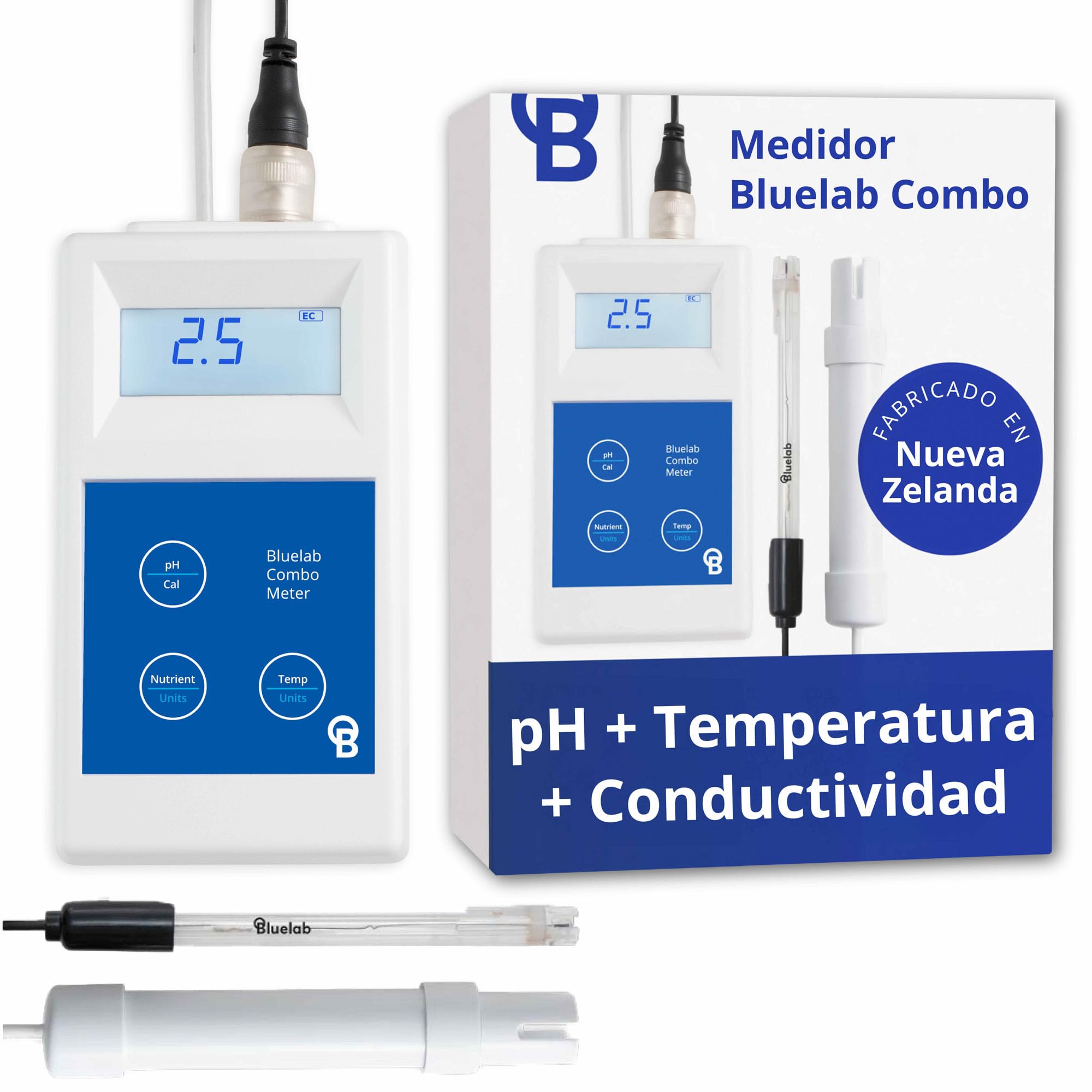 Medidor combinado METCOM de Bluelab - Medidor combinado de pH, temperatura y conductividad (CE) con sondas, de fácil calibración