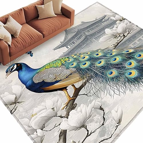Miniatura 3 de 5x7 Area Rugs, Watercolor Peacock Non-Skid Rubber Backing Large Rectangle Rugs - Living Room Bedroom Home Office, Retro Attic Flower Feather Indoor
