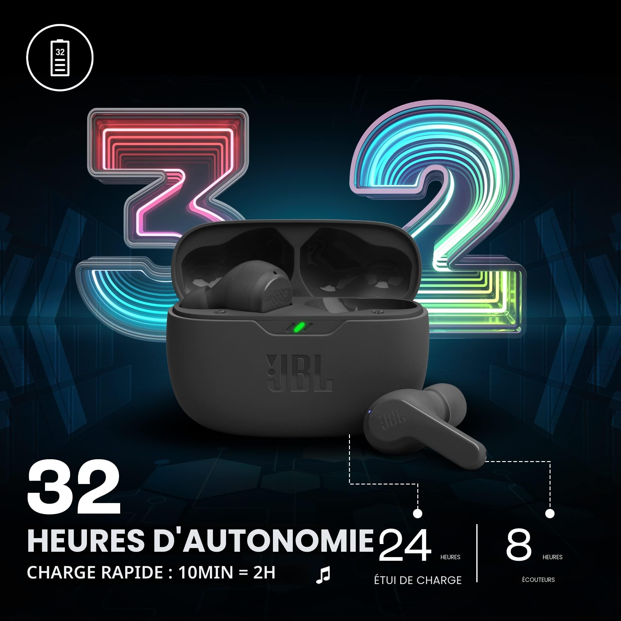 JBL Wave Beam, Écouteurs Intra-Auriculaires sans Fil, Résistance à l'Eau IP54 et IPX2, Appels Mains Libres et Batterie à Autonomie de 32 heures, en Noir
