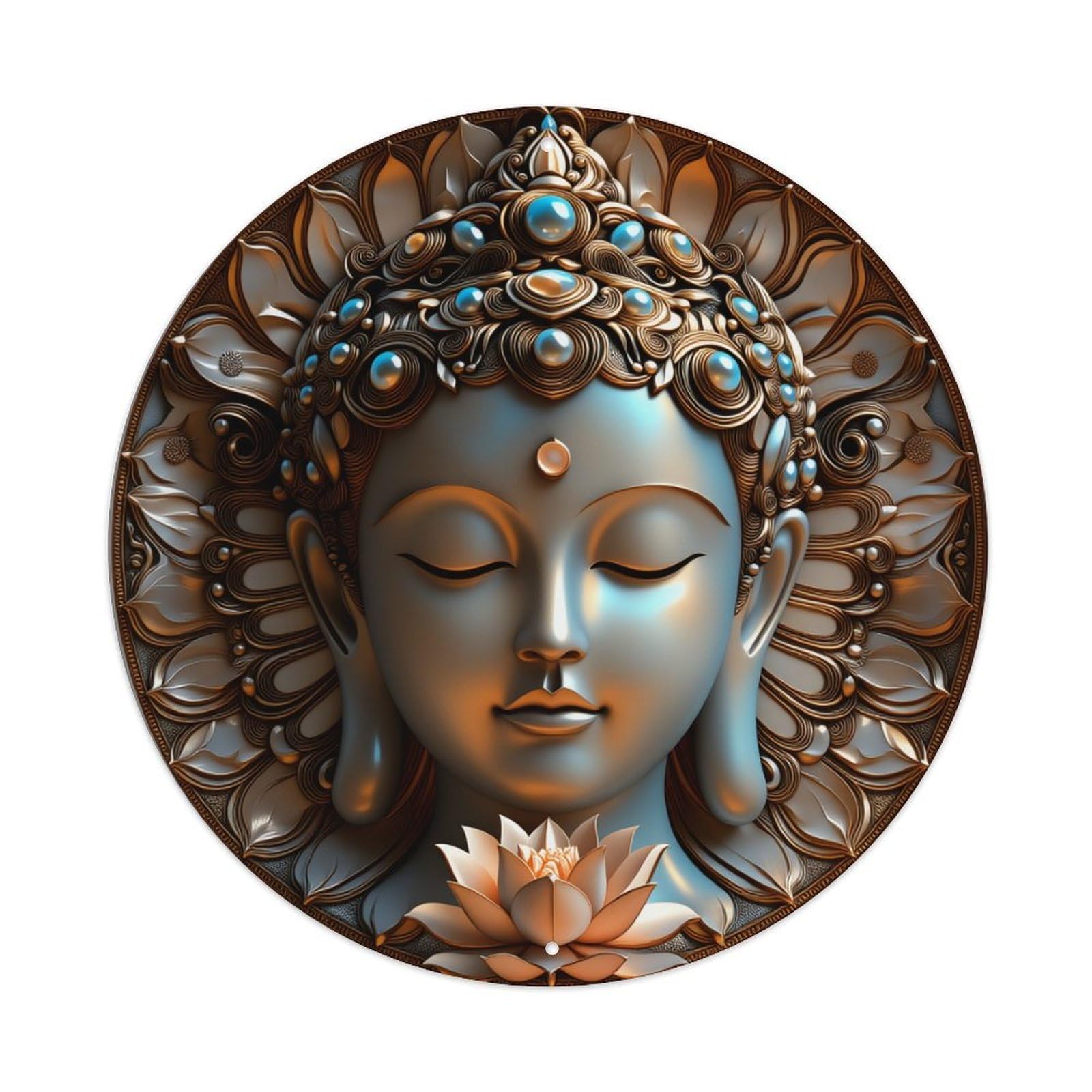 Buddha Face Lotus Halo Ornate Jewelry Pattern Round Vintage Tin Sign,Retro Wall Art,Metal Poster for Home, Bar, Garage, Cafe, Rustic Indoor & Outdoor Decor, 8x8 Inches