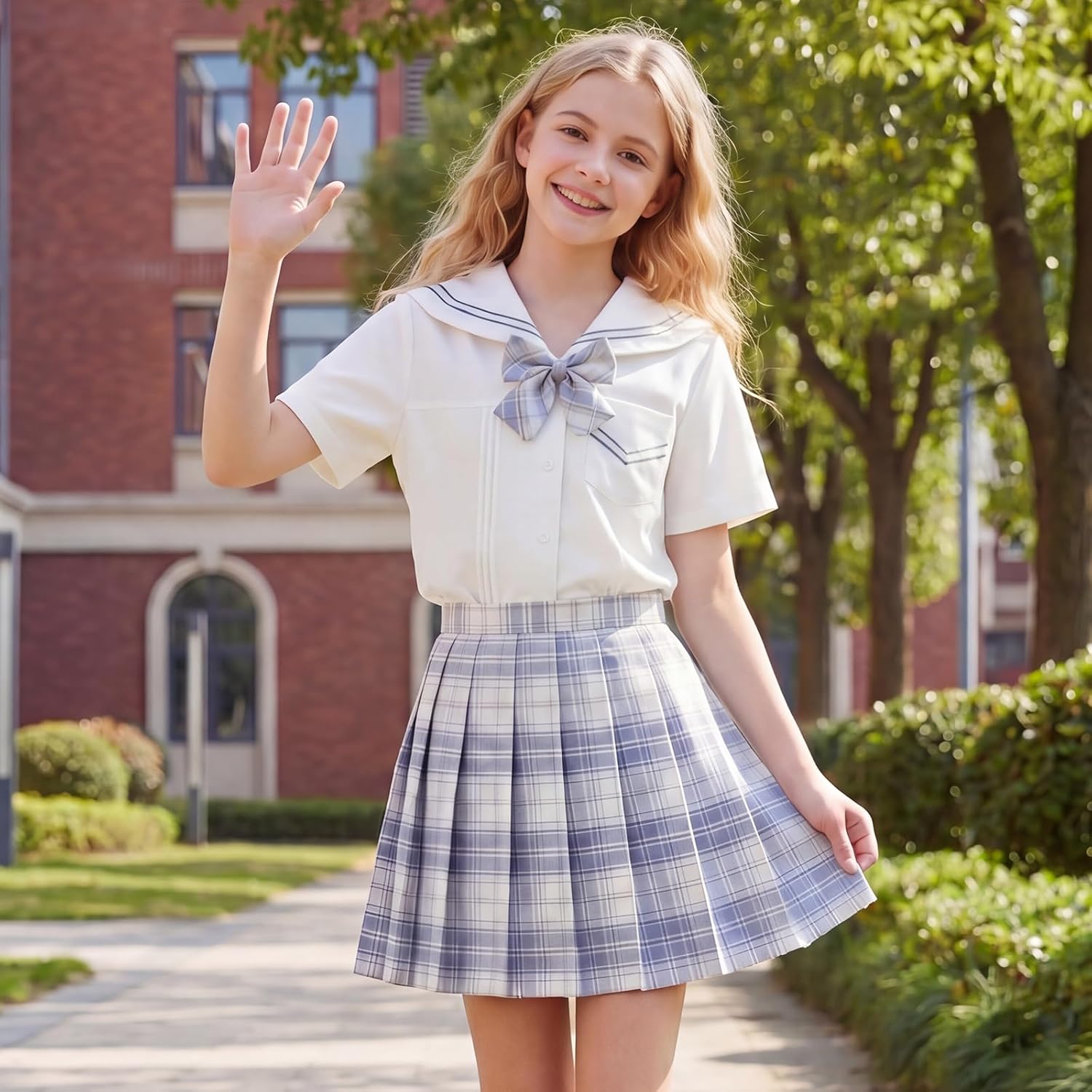 2-Piece Girls Plaid Skirt Set School Uniform JK Outfit - Short Sleeve Shirt with Bow & Pleated Skirt 4T-14Y