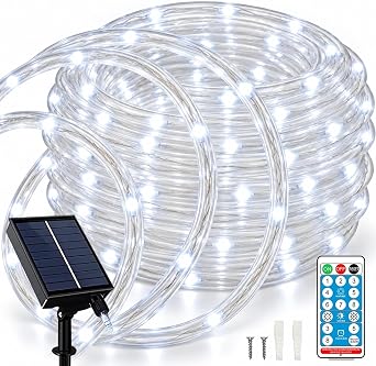 ANJAYLIA 66FT 200 LED Waterproof Outdoor Solar Rope Lights, Cold White