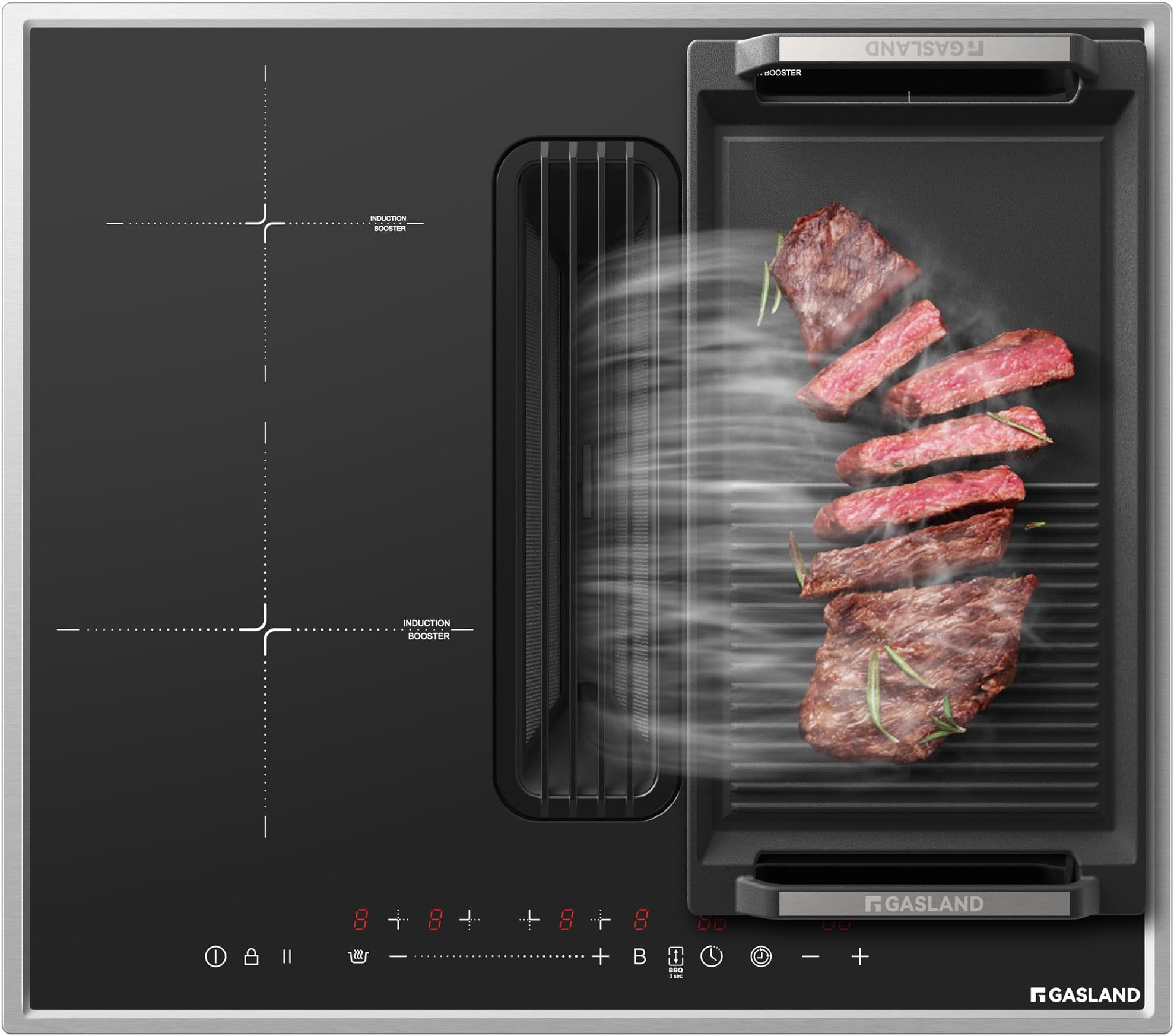 GASLAND IH604BFRB 60 cm Autonomous Induction Hob with Integrated Extractor Hood, 4 Zone Installation Induction Hobs with Stainless Steel Frame, PowerBoost Faster Cooking, 7400 W (without Grill Plate)