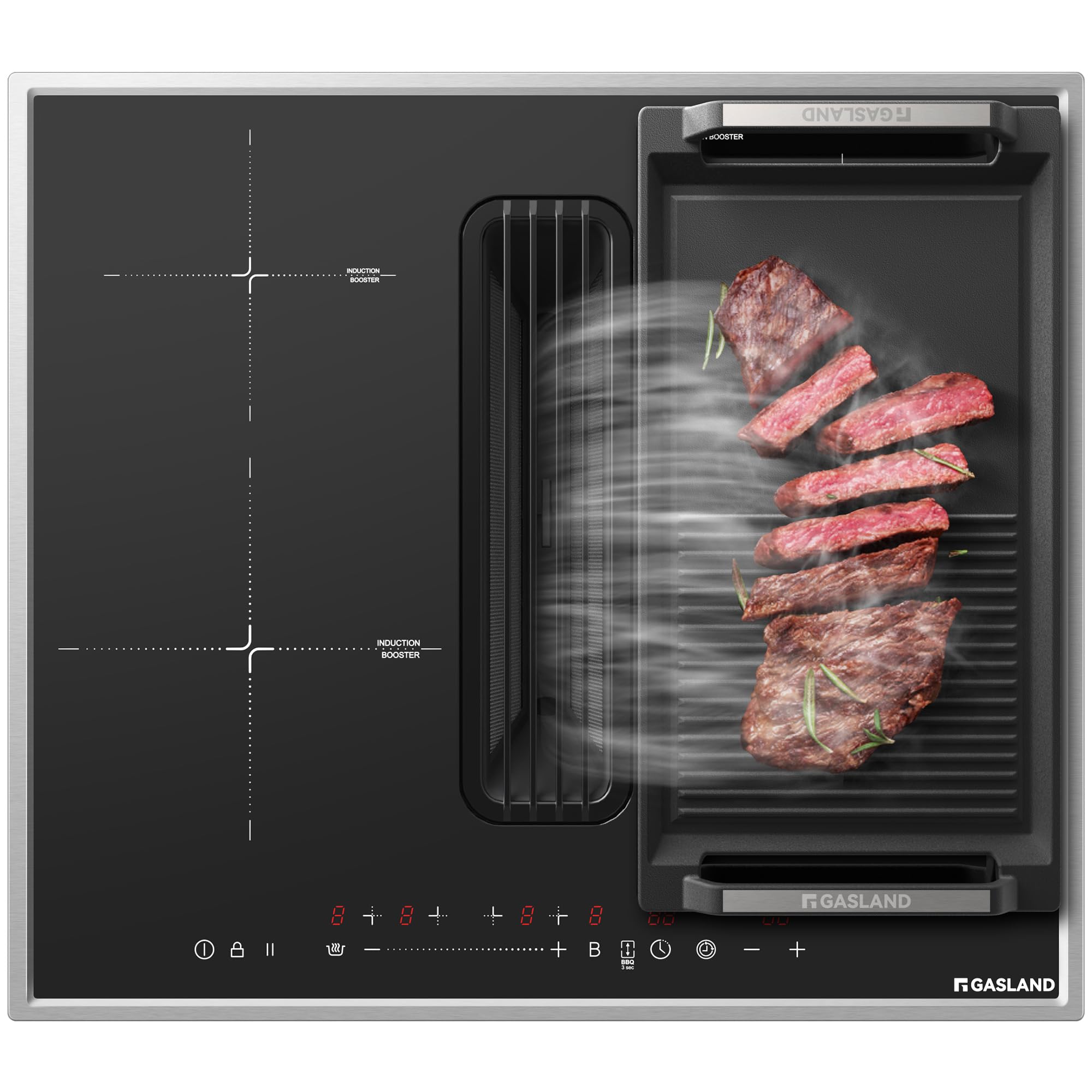 GASLAND IH604BFRB Placa de inducción autónoma de 60 cm con campana extractora integrada, 4 zonas de inducción con marco de acero inoxidable, PowerBoost, 7400W (sin plancha para parrilla)