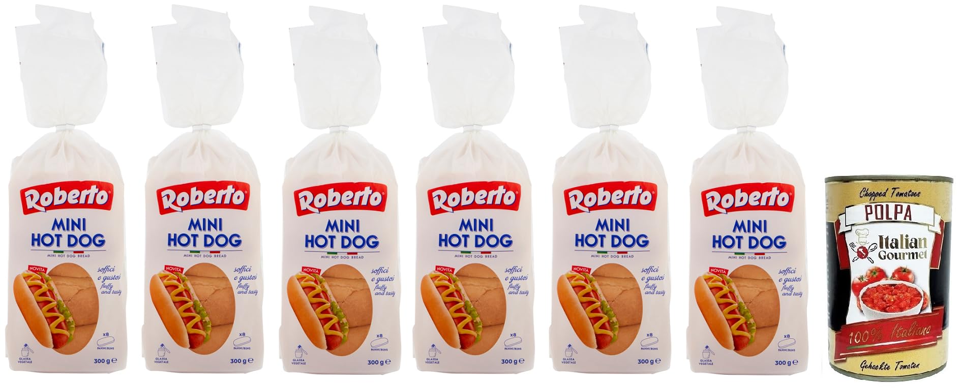 6x Roberto Mini Hot Dog Brot,Packung mit 300g,Jede Packung enthält 8 Hot Dog Buns + Italian Gourmet Polpa di Pomodoro 400g Dose