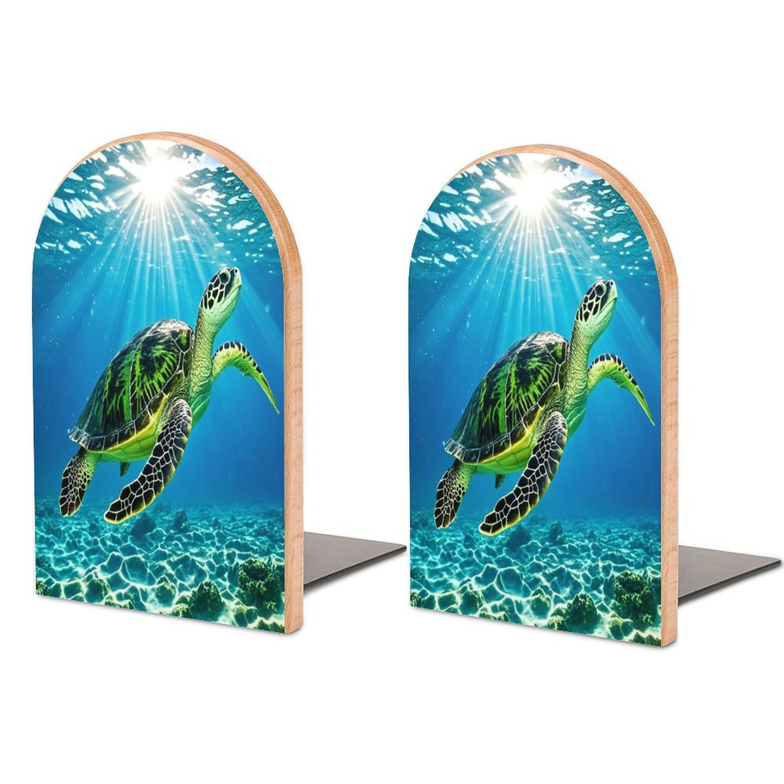 Turtle Swimming in The Sea Bookend for Shelves Wooden Book End Sturdy Book Holders Stoppers with Metal Base for Bookshelves Slick Decorative Bookends Stands