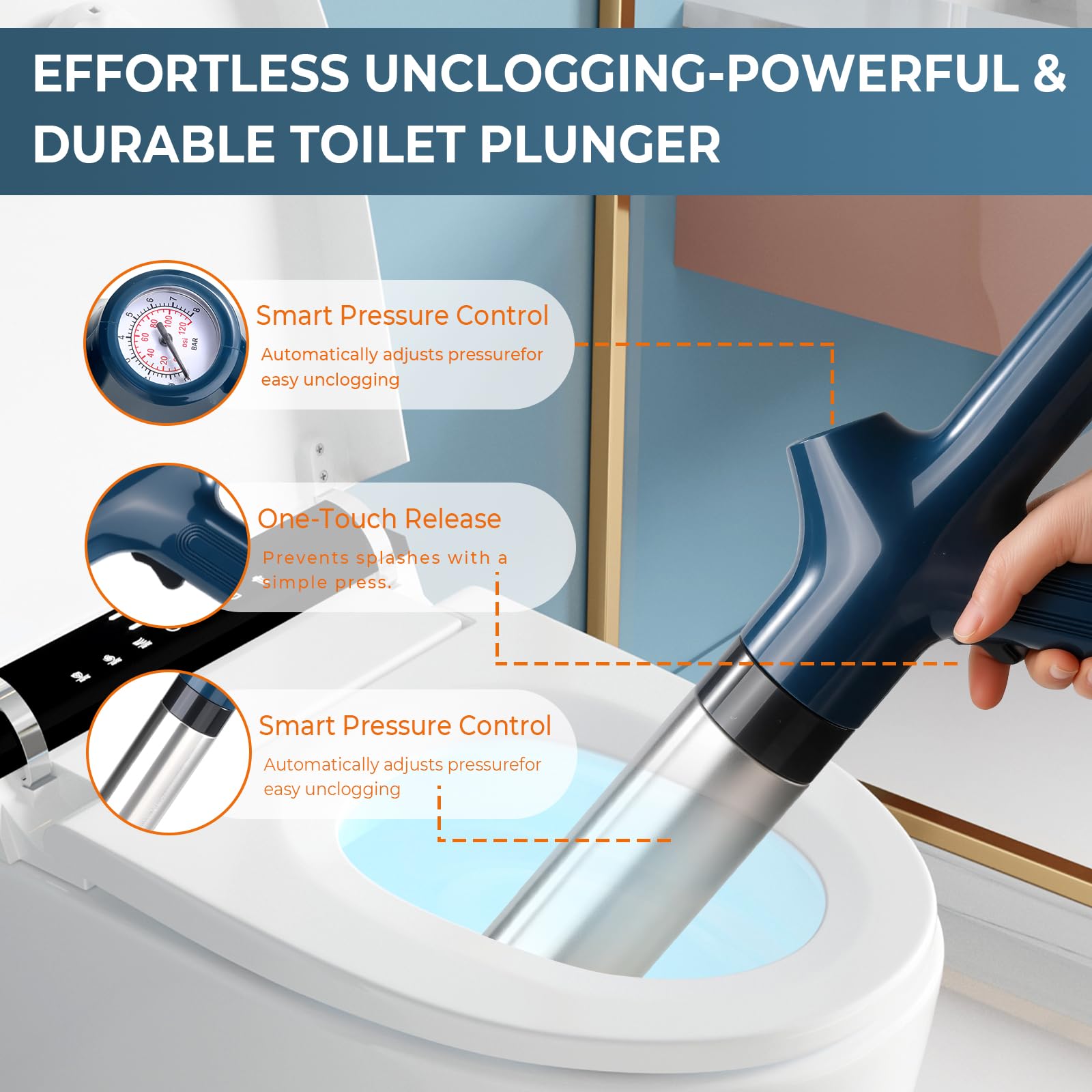 Stura WC a Pressione con Barometro – Pompa Stura Scarichi ad Aria Compressa 5 in 1 per Disintasare WC, Lavandino, Vasca, Scarico – Sturalavandini Alta Pressione Riutilizzabile