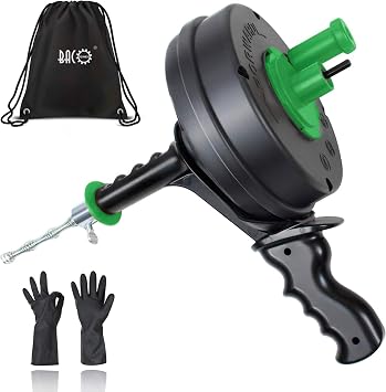 BACOENG Drain Snake, 7.5M Plumbers Snake Unblocker, Heavy Duty Unblocker Drain Auger with Drill Adapter - Ideal for Bathroom Shower Pipe Cleaning, Green