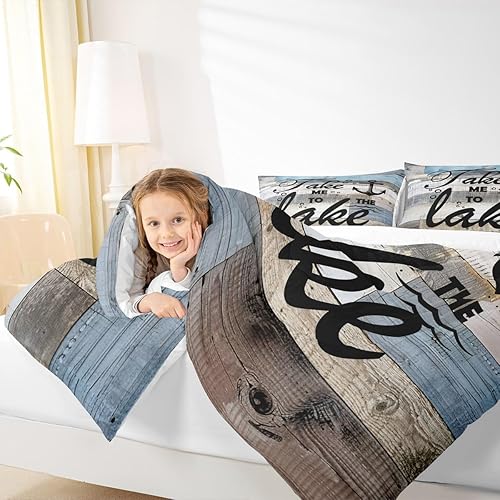 Miniatura 3 de Juego de ropa de cama de cabaña de lago, juego de edredón rústico de 3 piezas, color azul claro, gris, rayas de madera, edredón acolchado para