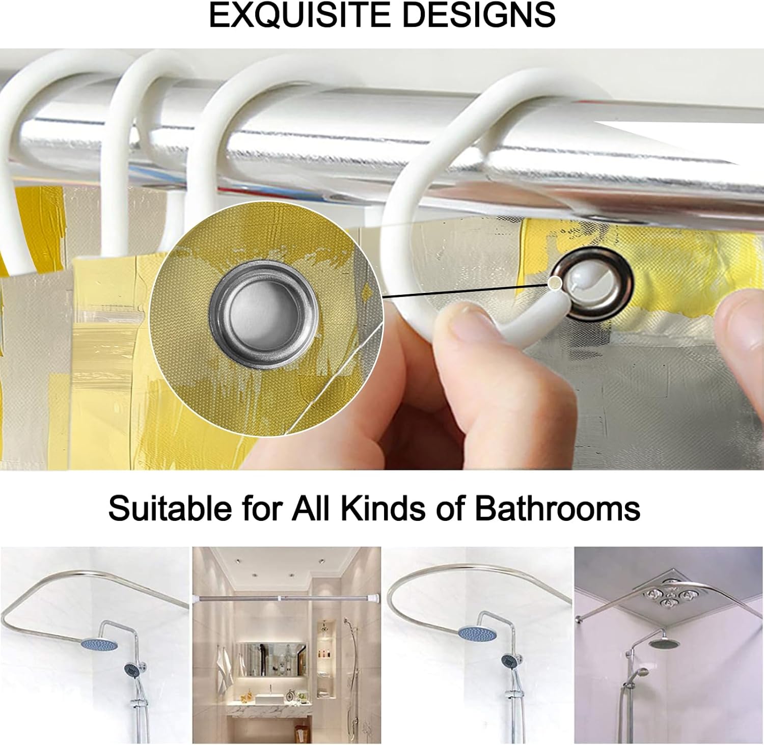 Lnond 4Pcs Bathroom Sets with Shower Curtain and Rugs, Yellow Grey Abstract Bathroom Shower Curtain Sets, Yellow Modern Art Bathroom Sets with Rugs and Accessories