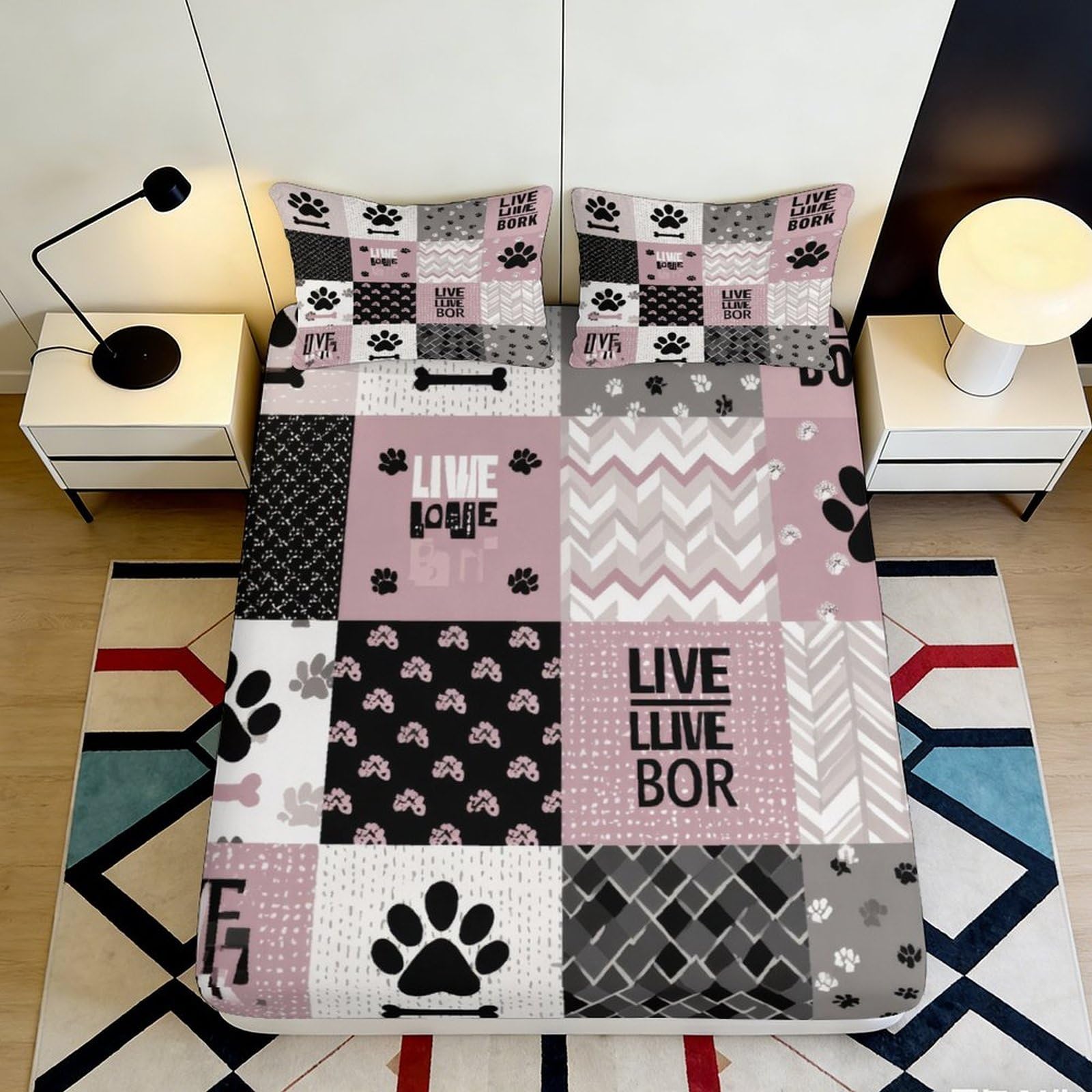 3D Printed Patchwork Paw Fitted Sheet Microfiber Soft Breathable Dog Motif Bed Cover for Bedroom Dorm Decor 90x200x25cm