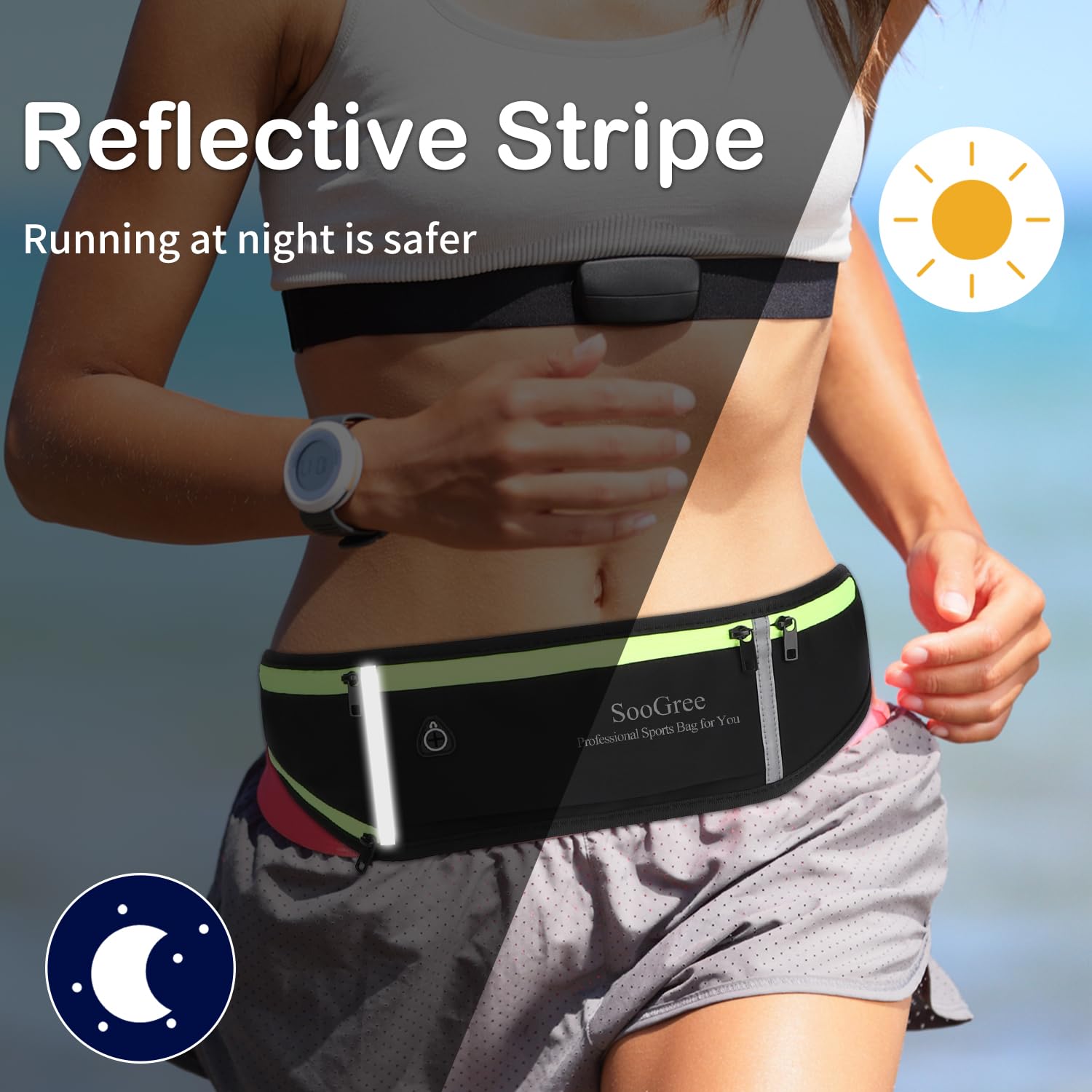 SooGree Riñonera reflectante para correr para hombre y mujer, con soporte para botella de agua, ideal para correr, caminar, ciclismo, entrenamientos de gimnasio, GSP1189-Negro, Deporte