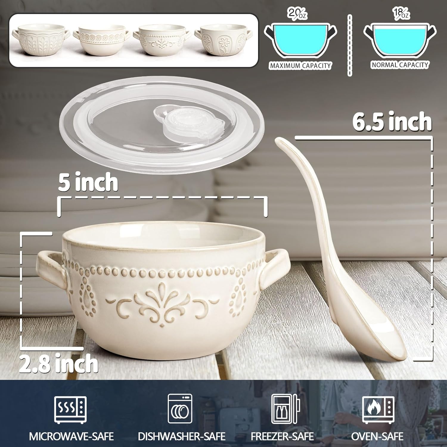 Artena Ceramic Pasta Bowls Set of 4-9.85 Inch Large Salad Bowls, 25 oz Serving Bowls for Soup, Ceramic Coffee Mugs Set of 4, 16oz Embossed Large Latte Mugs Coffee Cups with Handle for Tea