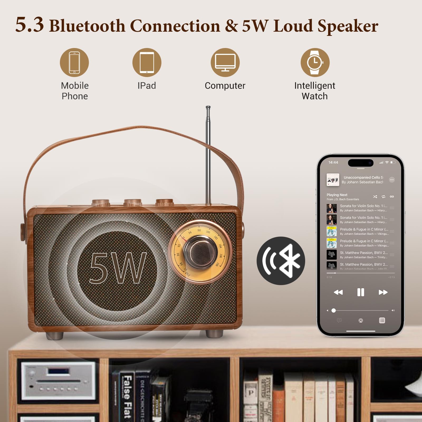Retro-Radio, Vintage-Bluetooth-Lautsprecher mit FM-Radios, kleinem tragbaren Radios und 1500-mAh-Akku, unterstützt TF-Karte/AUX/USB, MP3-Player, 5-W-Lautsprecher, Bluetooth 5.0