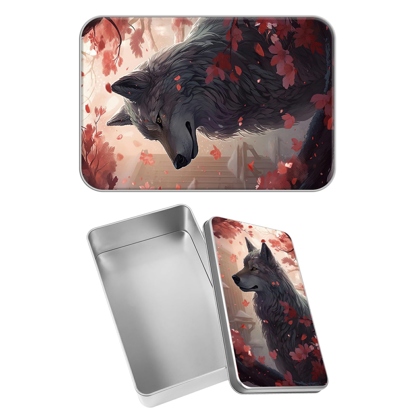 Rectangular Metal Tin Box with Removable Lid, Wolf Decorative Printed Metal Storage Container for Sweets Jewelry Tea Candies Cakes 7 x 4.33 x 2.17 inch– Single Pack