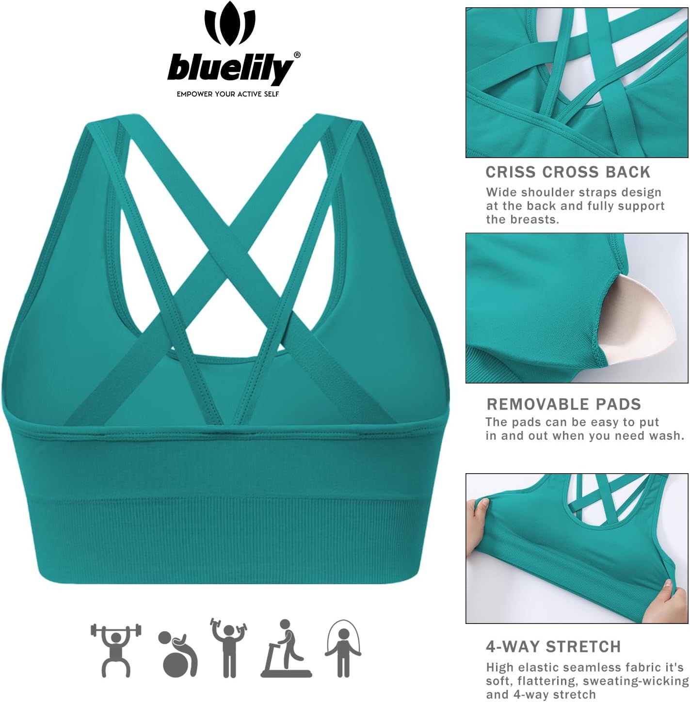 BLUELILY Sports Bra for Women Medium Support Criss Cross Strappy Bras Seamless Padded High Impact Yoga Athletic Exercise Bras - Image 3