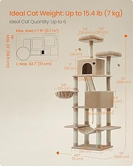 Feandrea Cat Tree, 206 cm Large Cat Tower Condo with 13 Scratching Posts, 1 Scratching Ramp, 2 Perches, 2 Caves, Basket, Hammock, Pompoms, Camel Brown PCT190K01V1