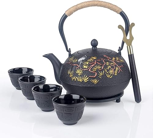 Miniatura 9 de Set de olla de té de hierro fundido japonés negro bastidor.