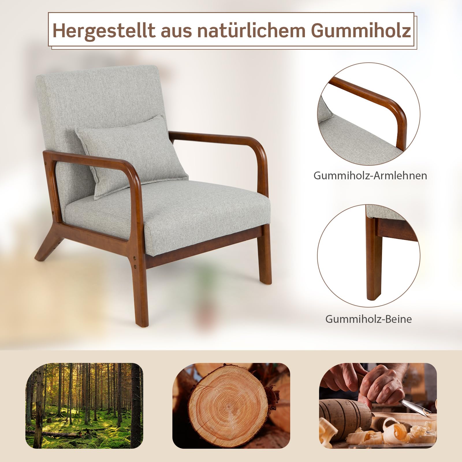 COSTWAY Fotel do salonu, tapicerowany, nowoczesne krzesło, drewno, z podłokietnikami, jednoosobowa sofa do salonu, sypialni, 65 x 79 x 77 cm, szary