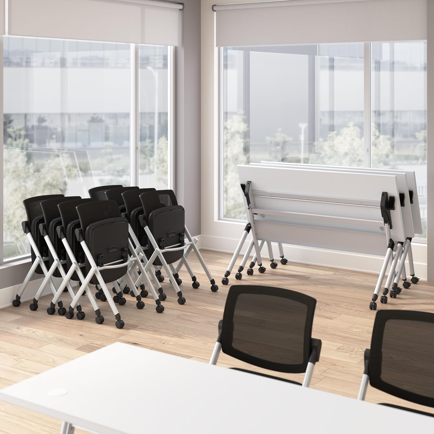 Bush Business Furniture Folding Training Table Set for 2, 72 inch Desk with Powered Grommets and 2 Chairs, Commercial-Grade Bundle for Office or Classroom, Envision Collection, White