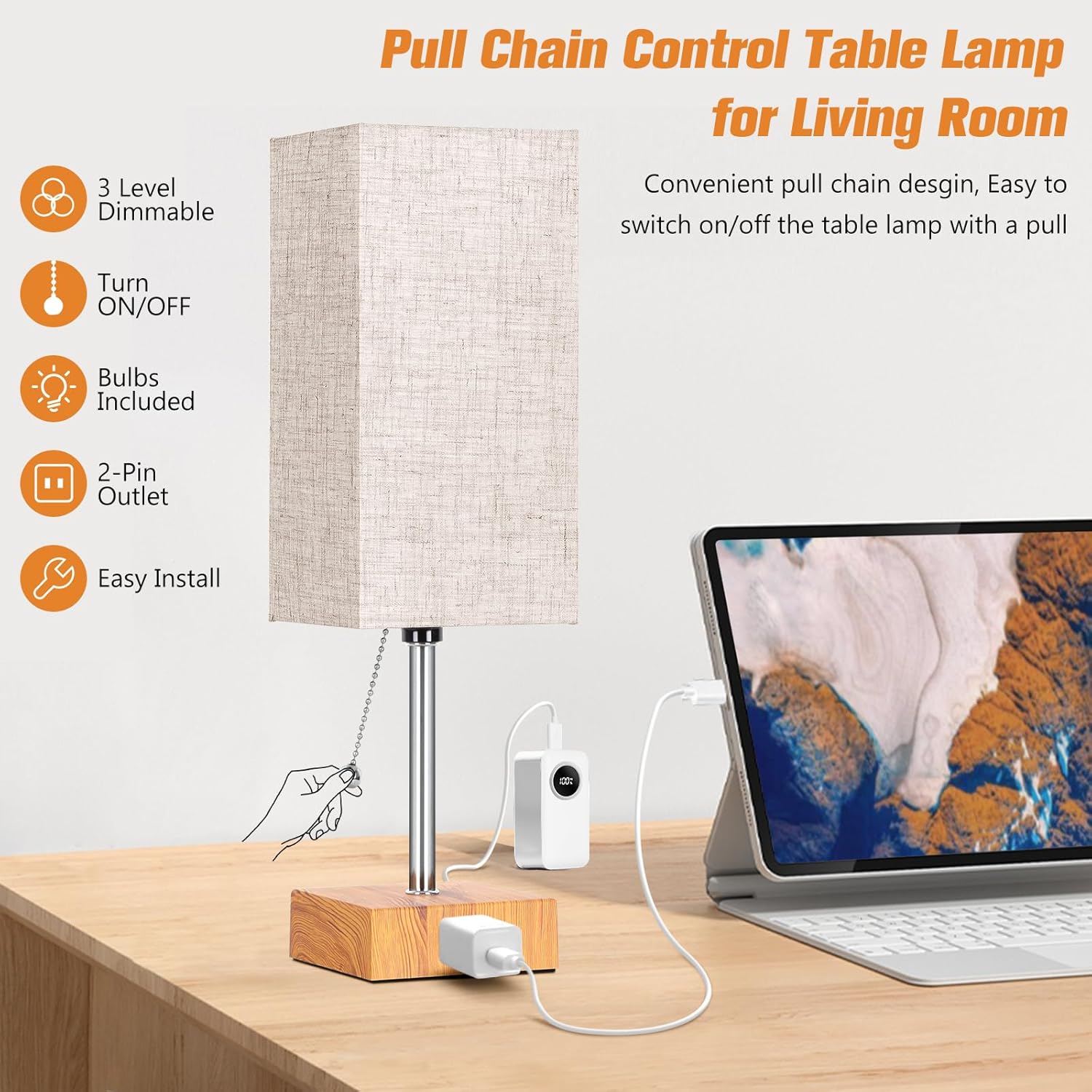 PLMMY Bedside Table Lamps for Bedroom Nightstand, Bedroom Lamp with 3 Color Temperatures Nightstand Lamps Set of 2 with AC Outlets, Square Pull Chain Bedside Lamp for Living Room, Home Decor