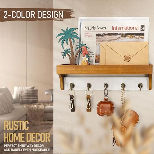 Miniatura 4 de Rebee Vision Soporte para llaves y correo para pared con estante, decoración de casa de campo con 5 ganchos rústicos para llaves y organizador de