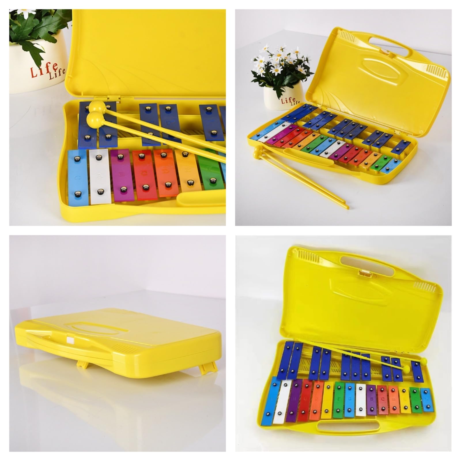 Xilófono Glockenspiel Metalófono 25 Teclas Metálicas Instrumento ，musical de placa de aluminio de 25 tonos, percusionado a mano， con Estuche Amarillo ，Metalófono Percusión Manual