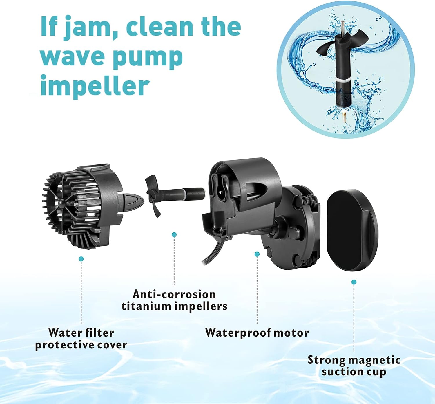 AQQA Aquarium Wave Maker Circulation Pump,360°Adjustable Ultra-silence Magnetic Mount Suction Submersible Powerhead Pump,530GPH Flow For Freshwater or Saltwater Fish Tank (3W 530GPH)