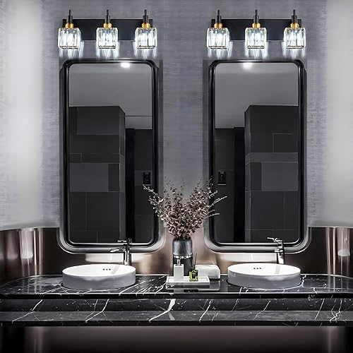 Miniatura 7 de Moderna lámpara de tocador de baño de cristal de 3 luces de latón para pared, sobre espejo, iluminación de tocador negra y dorada para baño,
