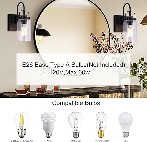 Miniatura 6 de Berliget Juego de dos apliques de pared negros de granja, lámpara de pared de vidrio transparente industrial, lámpara de montaje para baño,
