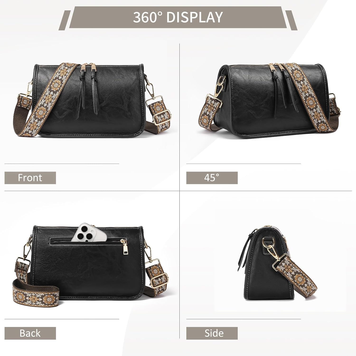 SENDEFN Crossbody Bag for Women PU Leather Bohemian Vintage Stylish Purses Shoulder Handbags with Adjustable Guitar Strap - Image 6