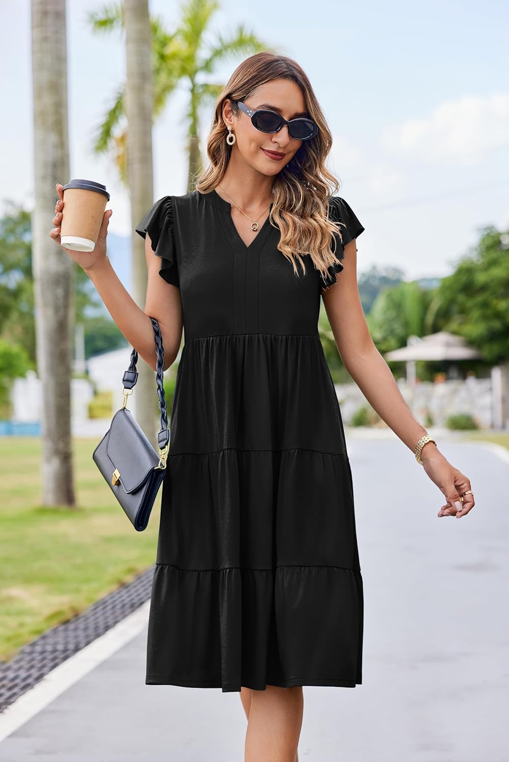 Hount Women's Summer Casual Dress 2026 V Neck Ruffle Sleeve Midi Sundress Flowy Tiered Hawaiian Beach Dresses with Pockets - Image 2