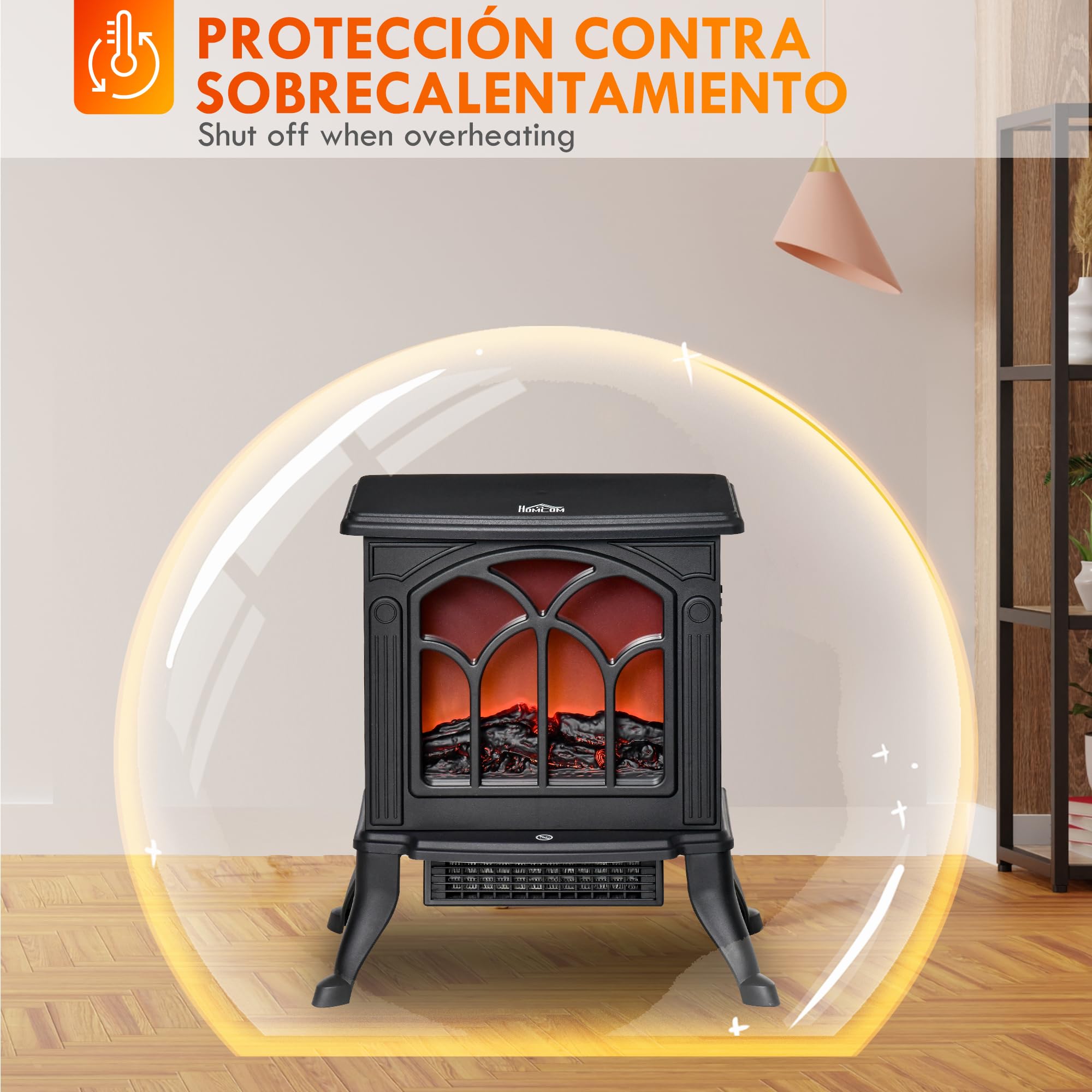 HOMCOM Chimenea Eléctrica de Pie 750/1500 W, Chimenea Decorativa con 2 Niveles de Potencia, Efecto Llama, Protección Sobrecalentamiento, Área de Cobertura 15-20 m², Negro