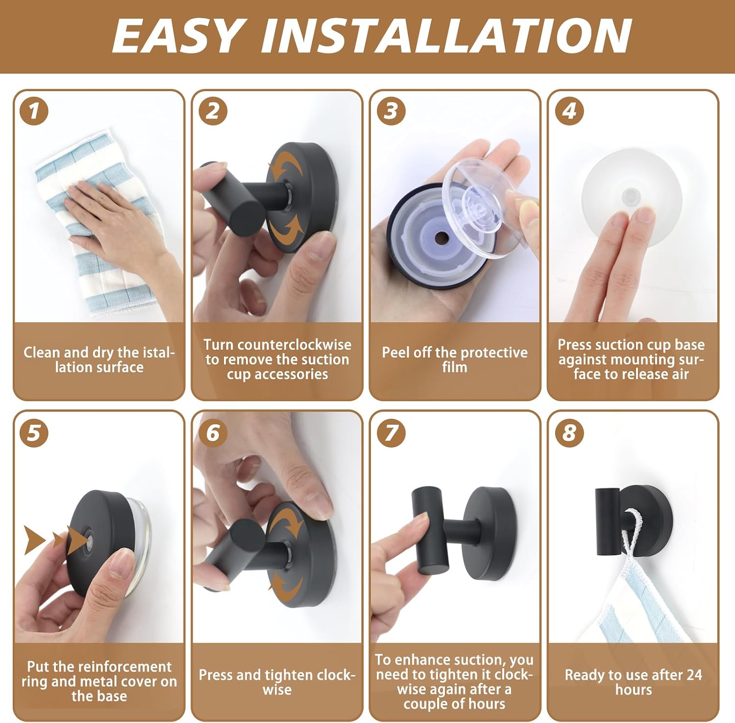 Suction Cup Hooks for Shower, Kitchen, Bathroom, Mirror, Wall, Door, Tile, Glass, Window No Damage – Removable Towel Holder for Hanging Loofah, Robe, Coat, Heavy Duty Hook Matte Black (4-Pack)