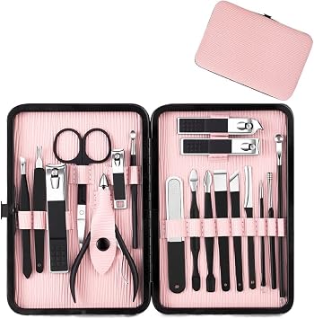 Multifunction Nail Clipper Set Pedicure Cutter Nail File Scissors Kit with Travel Case Stainless Steel Blue Manicure Set Tools Color 18pcs-Pink