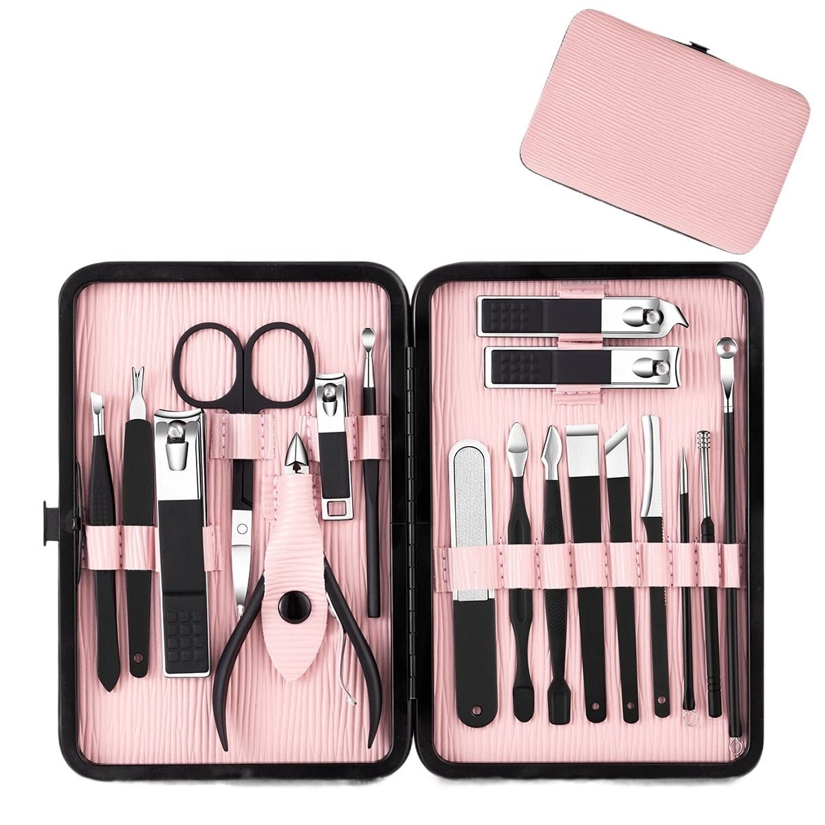 Juego de cortaúñas multifunción, cortador de pedicura, lima de uñas, kit de tijeras con estuche de viaje de acero inoxidable, juego de manicura azul (18 piezas, rosa)
