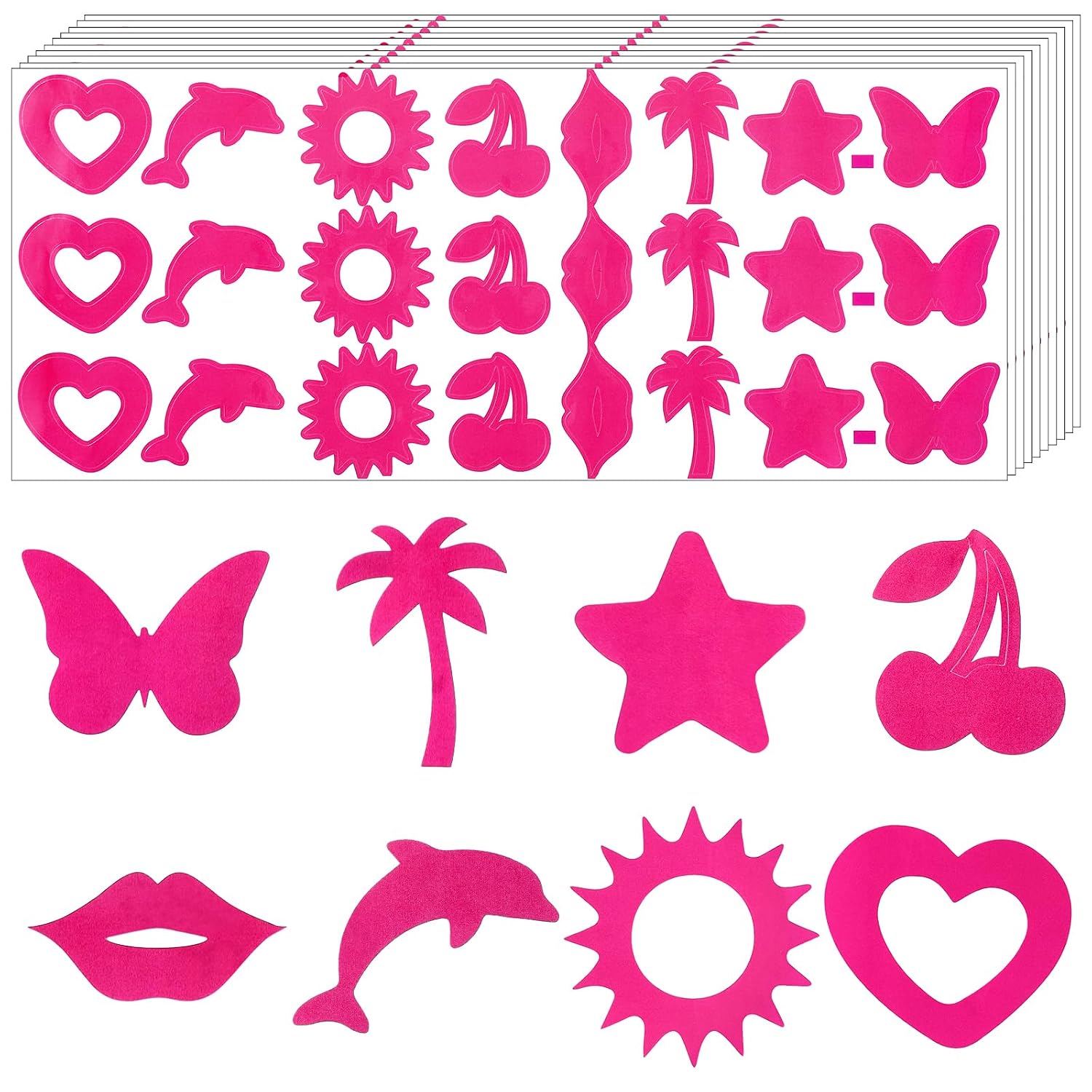 240Pcs Tanning Stickers, Hot Pink Tanning Bed Stickers for Body Self Adhesive Heart Star Lips Butterfly Tan Sticker for Women Face and Summer Beach Accessories (8 Styles)