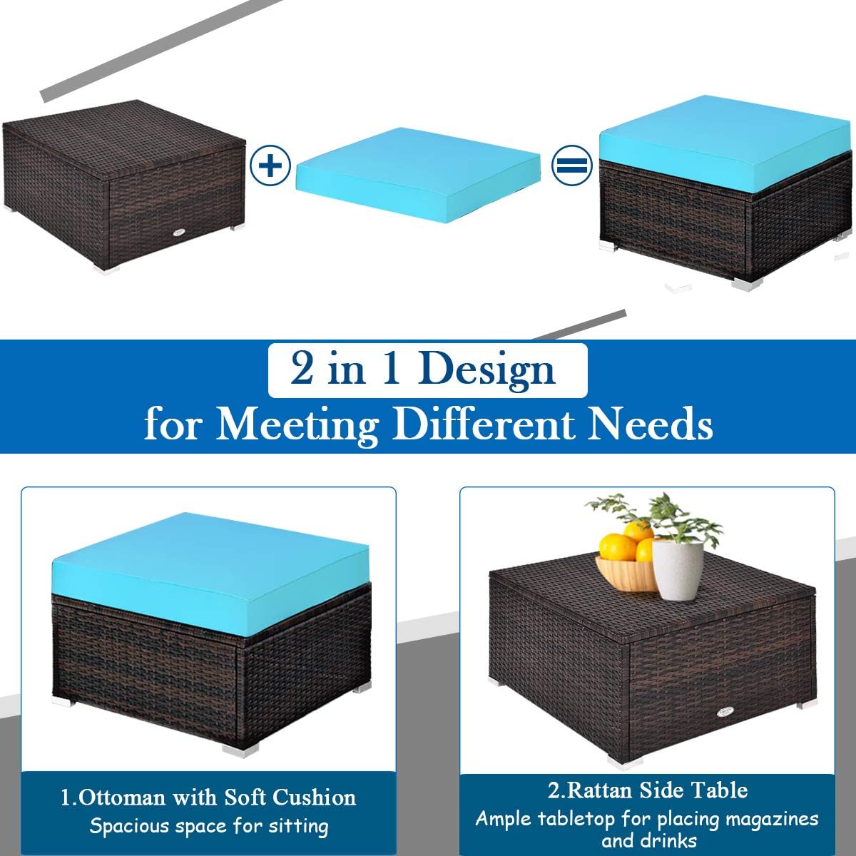 Ottoman with cushion and as a rattan side table