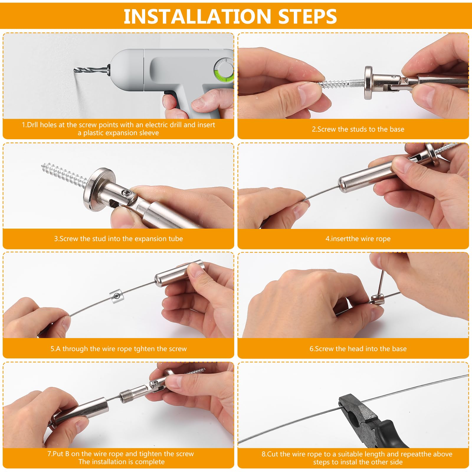 Zestaw do montażu na ścianie, linka napinająca ze stali nierdzewnej, drut napinający, zestaw linek napinających, system napinający do linek prysznicowych, na balkon, do zasłon, do użytku na zewnątrz