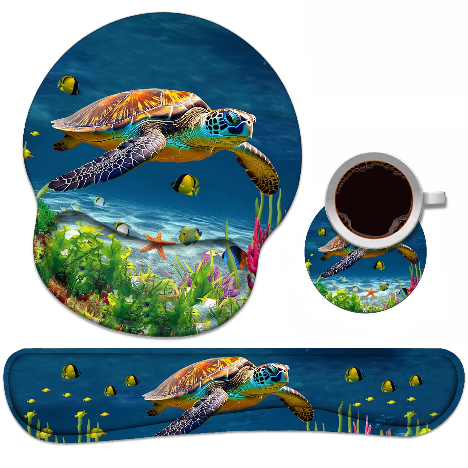 Keyboard Wrist Rest + Mouse Pad Wrist Support Set with Coasters, Non-Slip PU Base Ergonomic Mousepad for Home Office Working Studying Easy Typing &