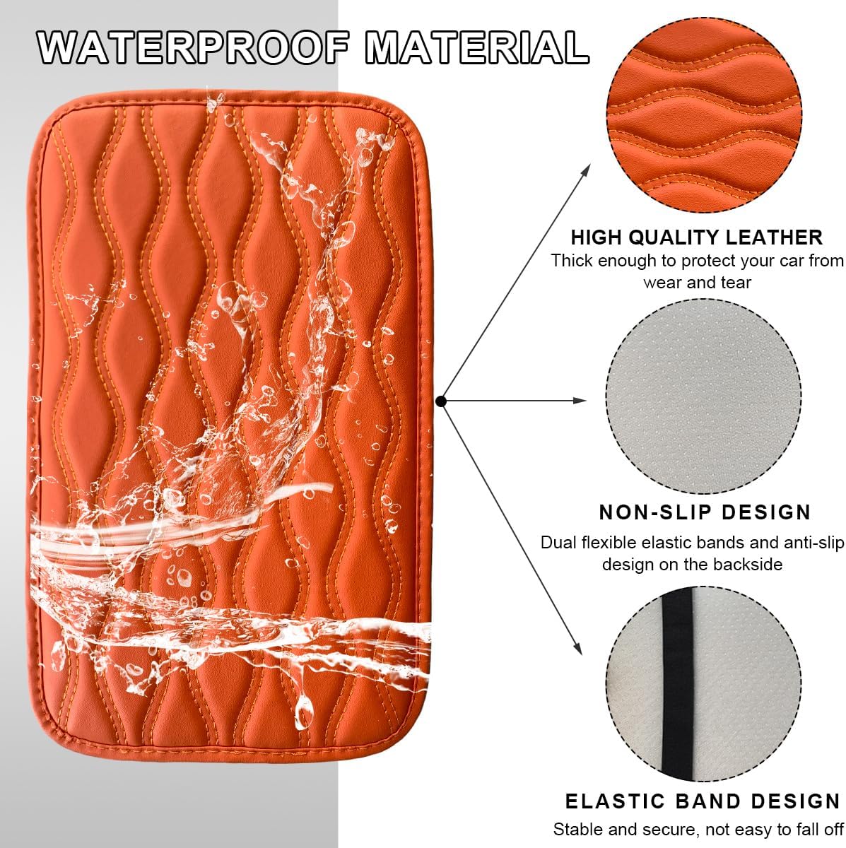 Wevdn Car Center Console Cushion Pad, 12.48×7.40 Inches Waterproof Car Armrest Seat Box Cover, Comfortable PU Leather Vehicle Armrest Cover Protector, Car Decor Interior Accessories (Orange) image 3