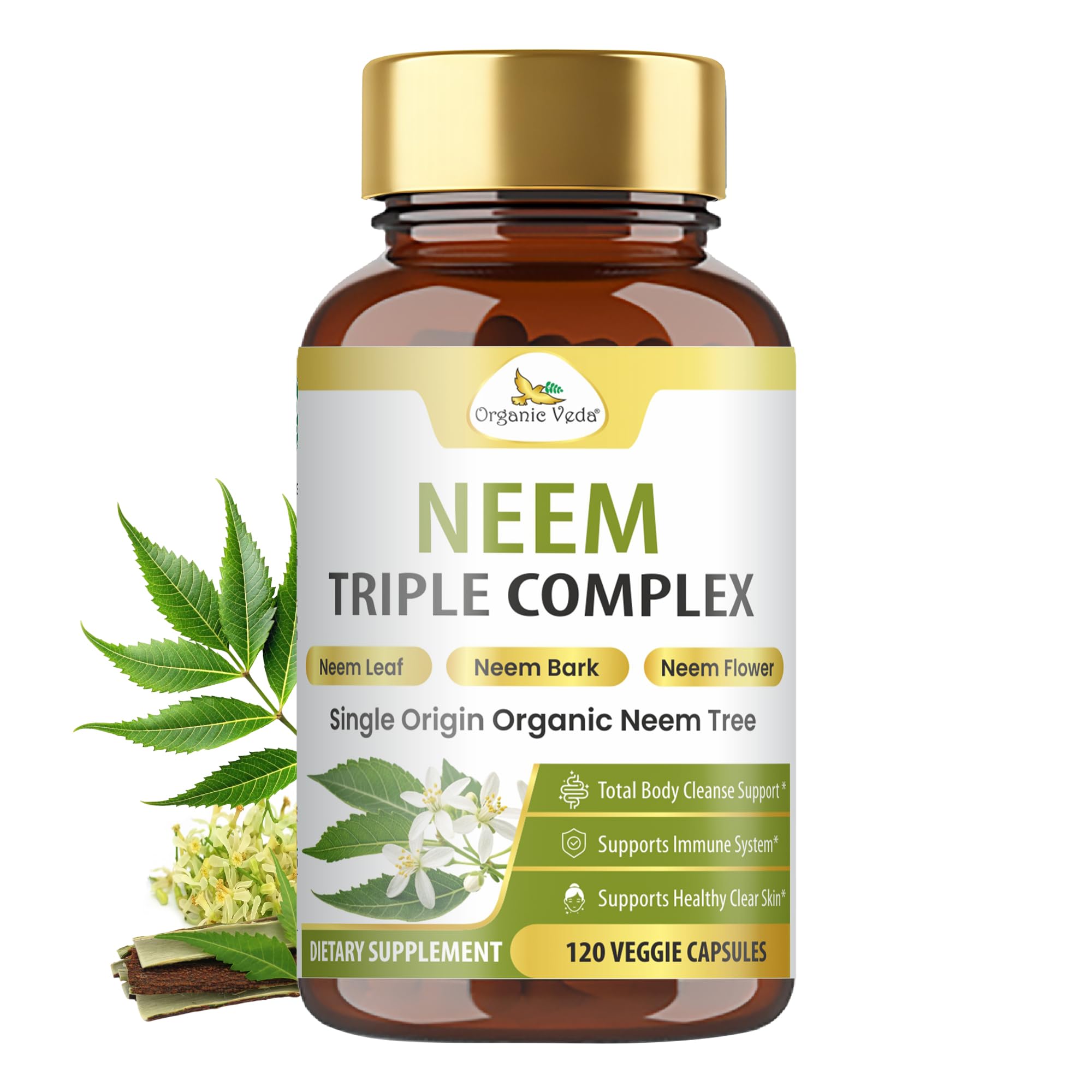 Neem Capsules Triple Complex Neem Leaf, Bark & Flower Extracts - Herbal Supplement for Acne, Cleanse & Clear Skin Health - Boost Immune, Gut Health for Women & Men - 120 Vegan Capsules