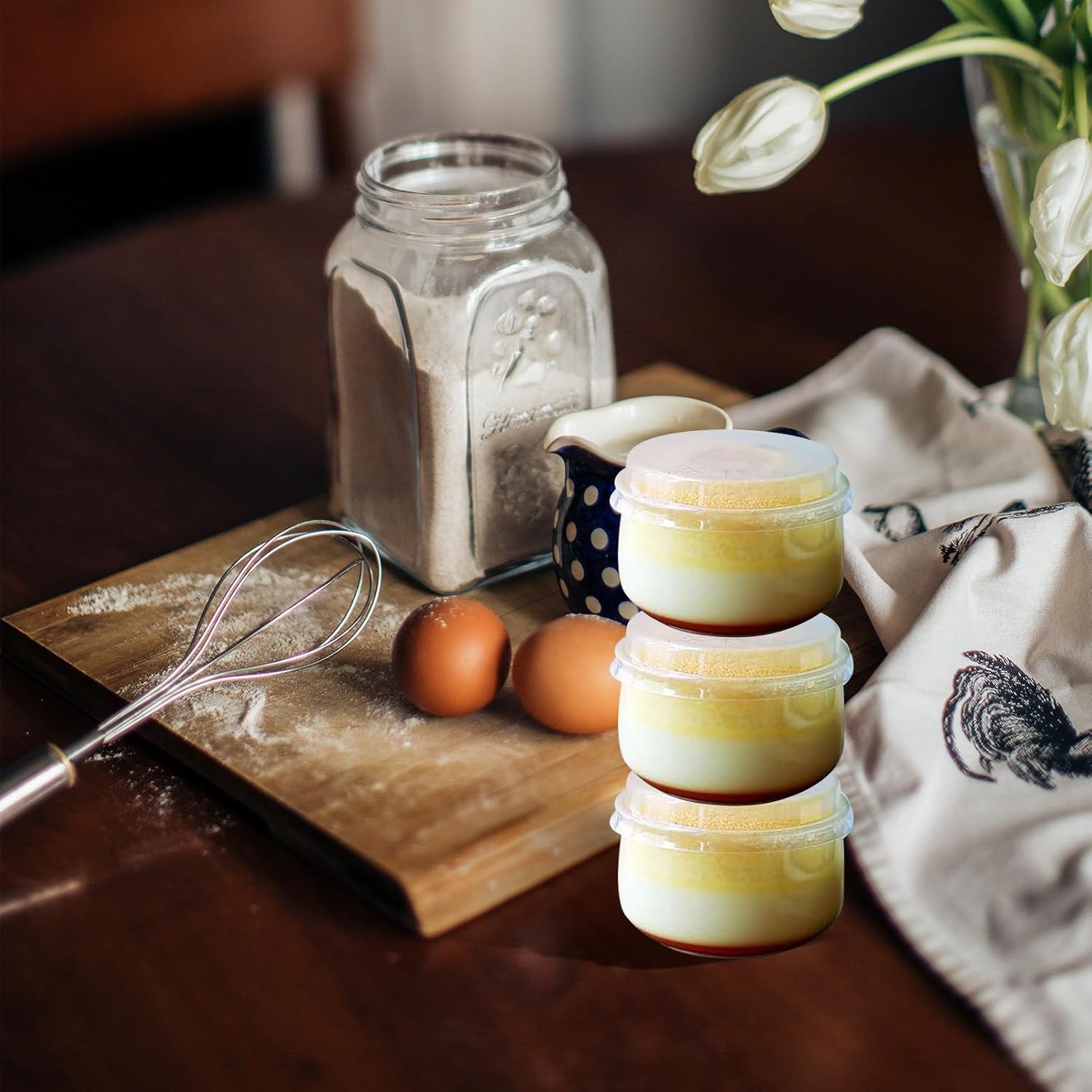 50 Sets Heat-resistant Pudding Cups with Lids round Forks, Oven-safe Dessert Containers for Baking and DIY Cake, Reusable Japanese-style Sweet Custard Beakers for Home