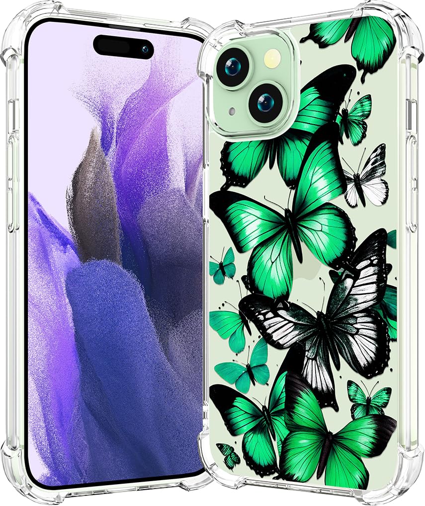 Cute iPhone 15 Case Clear for Women - Rugged Phone Case Funda Protector Protectores Cover Skin para Compatible with iPhone 15 (Green Butterflies Butterfly)
