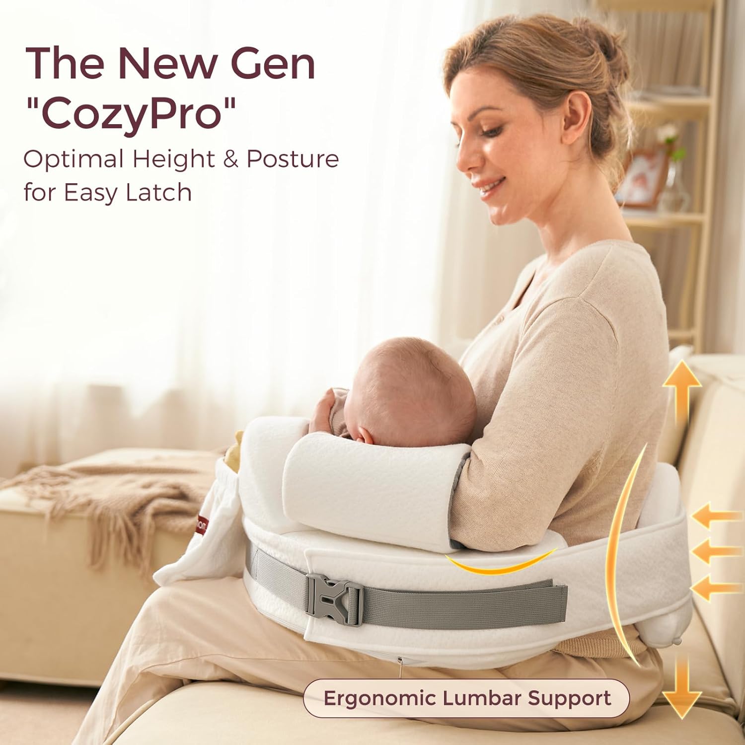 momcozy cozypro nursing pillow - all around lumbar & arm support - safety guard, firm & springy memory foam-stable, ergonomic support, easier breastfeeding, wider cushion, adjustable, removable cover white (cozypro with lumbar support) cozypro nursing pillow