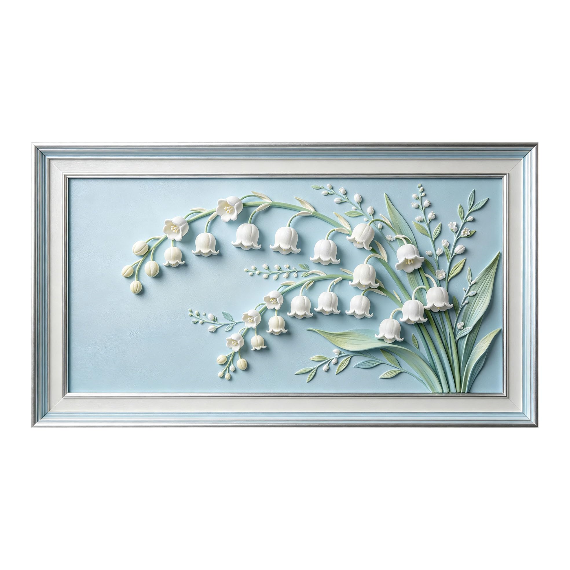 Murasolite 3D Framed Wall Art White Lily of the Valley Floral Botanical Relief Effect SelfAdhesive Fabric Mural Wall Decor,No Damage to Wall,AntiFall Safe Design for Bedroom Living Room