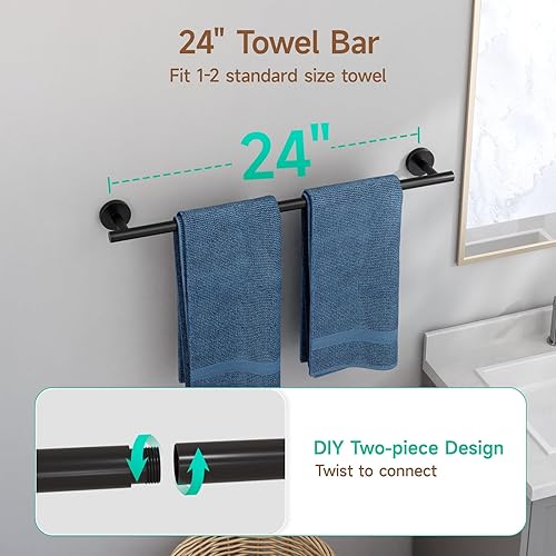 Miniatura 3 de USHOWER Juego de accesorios de baño negro mate, moderno juego de toallero de 24 pulgadas montado en la pared, juego de accesorios de baño de acero