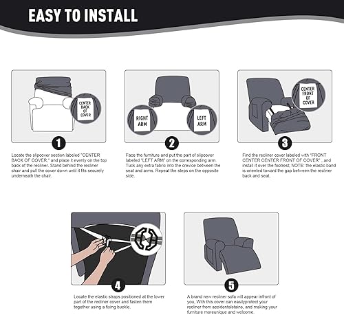 Vista 352 de KinCam Fundas para sillas reclinables, funda elástica y reclinable, fundas para sofá reclinable, fundas de sofá reclinable a rayas, fundas Gris