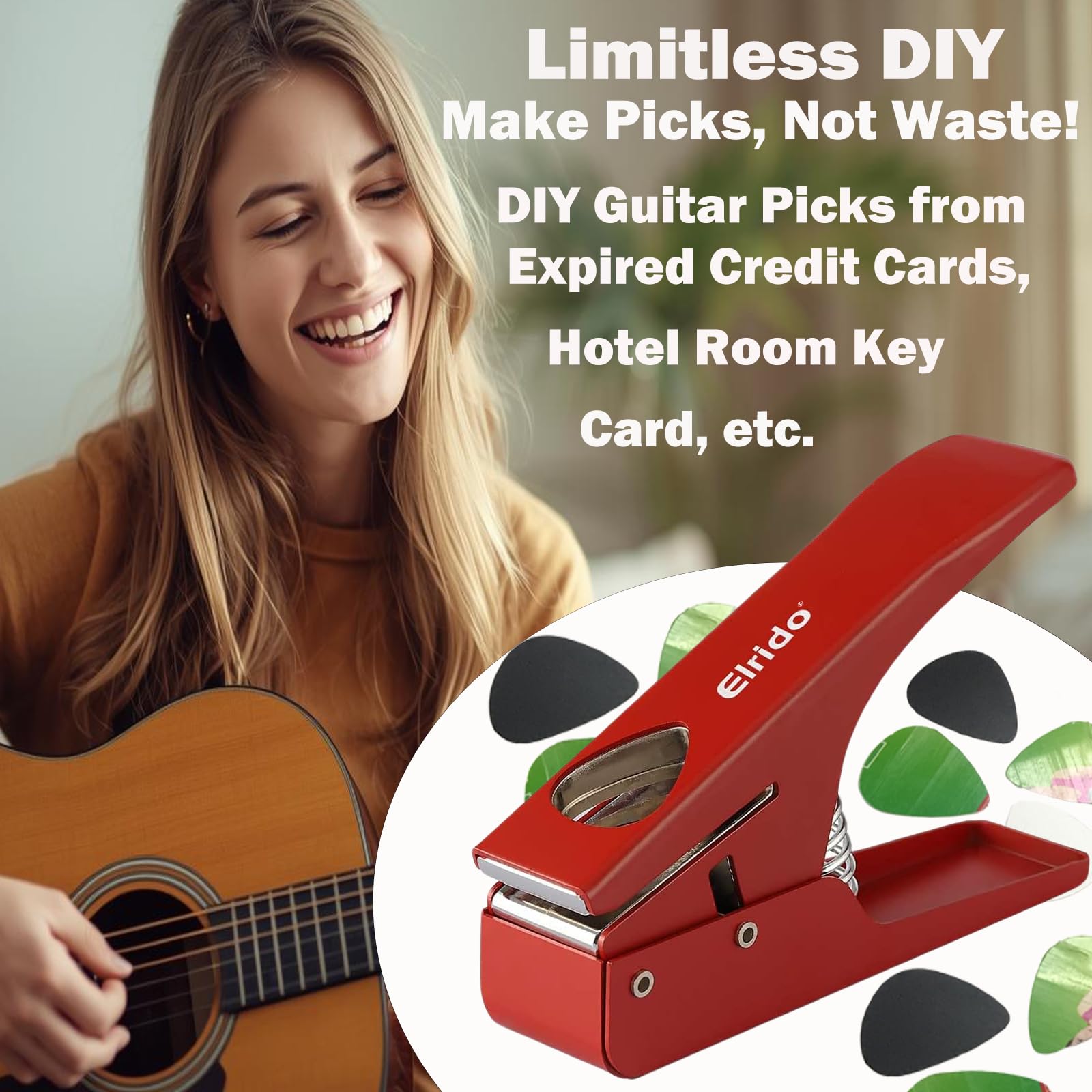 Elrido Púas de guitarra para hacer tus infinitas púas de guitarra, con 2 tiras de púas y soporte de púas de cuero, kit de herramientas perforadoras para guitarra, cortador de púas de guitarra (rojo)