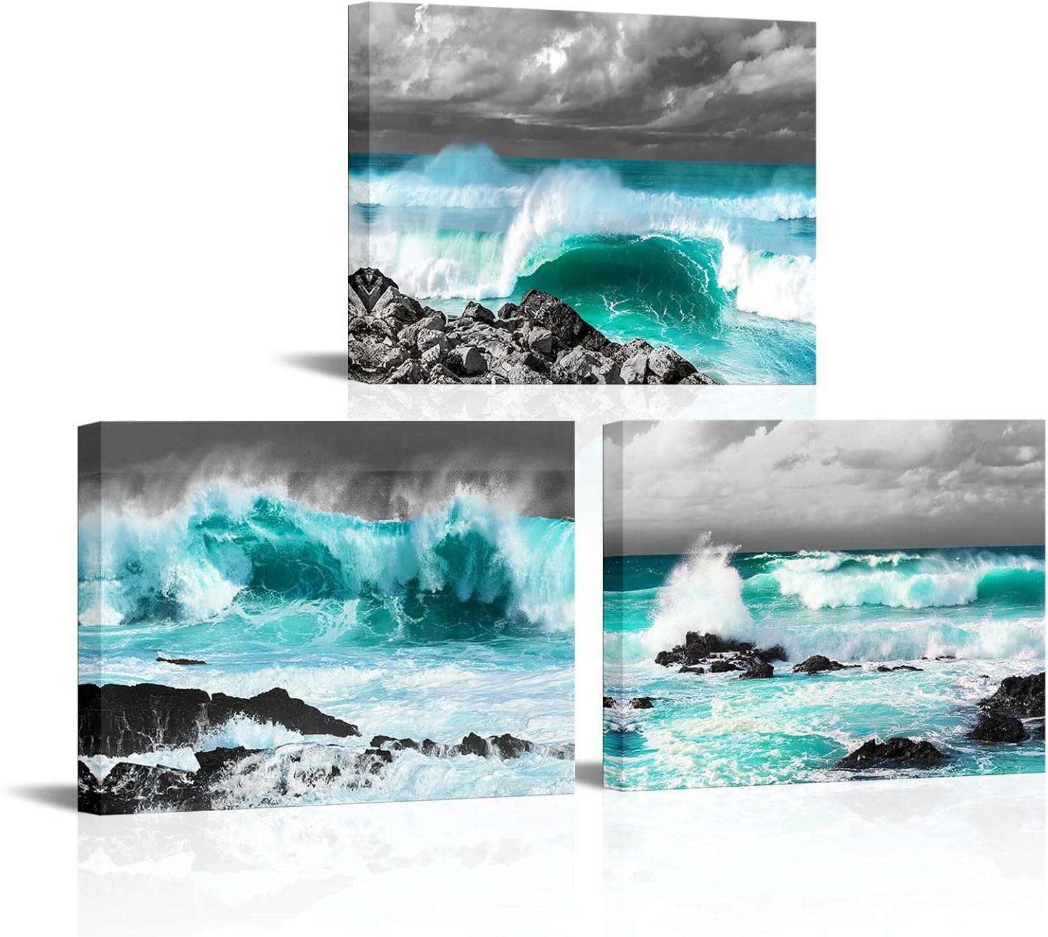 OuElegent 3 Piece Ocean Canvas Wall Art Sea Wave Water Painting Pictures Teal and Grey Prints Artwork for Living Room Bedroom Office Wall Decor Framed Ready to Hang
